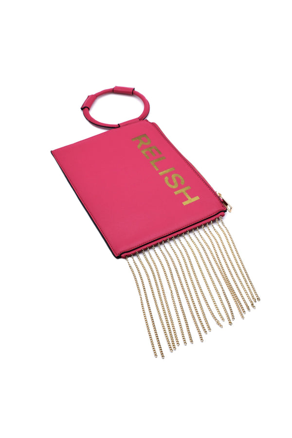 Pochette SELVETTES in ecopelle con zip e catene + anello e stampa logo