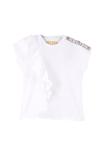 T-shirt SHILERINA mezza manica aletta con appl.strass più rouches tafta più stampa int.logo